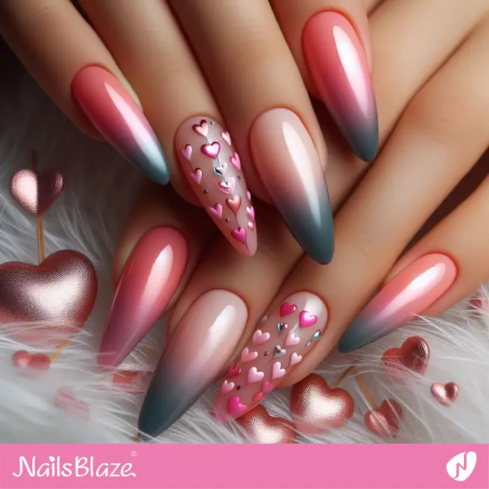 Glossy Ombre Nails with Heart Design for Love Day | Valentine Nails - NB2150